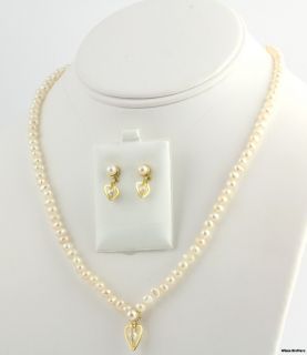 Genuine Freshwater Pearl Necklace Dangle Earring Set 18K Yellow Gold