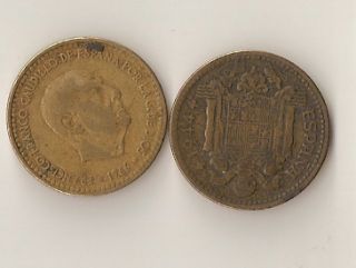  of 2 Espana 1 Peseta Coins Spain 1944 1966 Francisco Franco Era