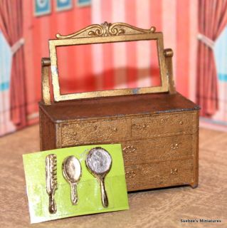   Vintage METAL Dollhouse Furniture 1930 GOLD DRESSER w VANITY SET 1 2