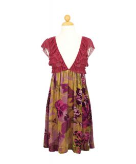 Free People Silk Mesh Vintage Purple Floral Print Ruffled Velvet Dress