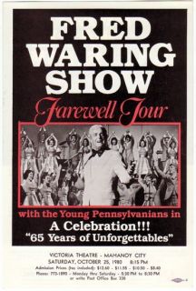 1980 Hand Flyer   Fred Waring Show   Victoria Theater Mahanoy City, PA