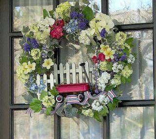 Designer Floral Wreath with Red Wagon White Picket Fence Ribbon