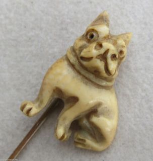  VICTORIAN BEAUTIFULLY CARVED OX BONE SILVER FRENCH BULL DOG STICK PIN