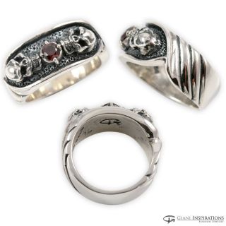 Gothic Style Silver Ring Two Skulls with Black Onyx Red Garnet