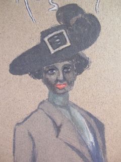  Art Drawing Em Garrison Black Lady in Feather Hat Yqz