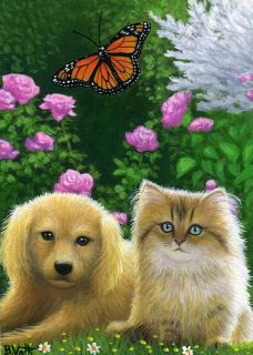 Puppy Dog Kitten Cat Summer Rose Garden Limited Edition ACEO Print Art
