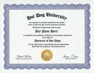 Hot Dogs Diploma Frankfurter Dog Weiner Fun Gag Gift