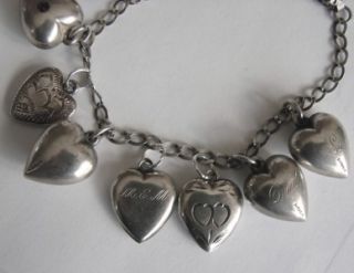 Vintage Sterling Silver Puffy Heart Bracelet with 9 Charms