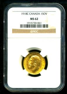 1918 C Canada G V Gold Coin Sovereign NGC Cert Genuine Grade MS 62