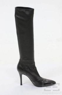 Gianni Versace Black Leather Point Toe Knee High Stiletto Boots Size