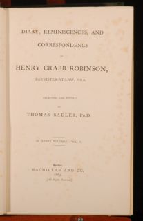 1869 3VOLS Henry Crabb Robinson Edited by Thomas Sadler