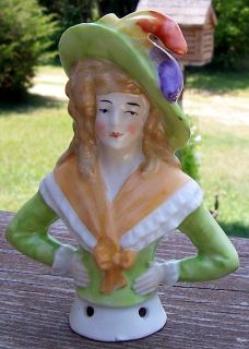 Antique German Pin Cushion Top Lady Half Doll Porcelain Germany