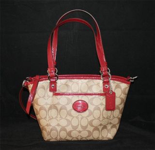 Coach 20097 Peyton Red Patent Leather Khaki Signature Purse Bag Small