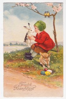 EASTER BUNNY Getting Kissed by Girl vintage 1930s fantasy postcard