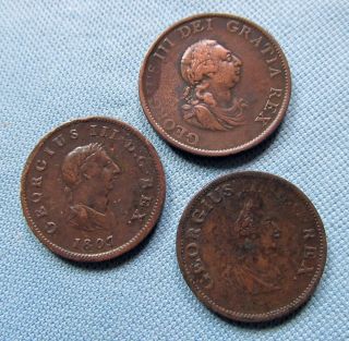 Lot of 3 King George III British Irish Halfpenny Coppers 1799 1805