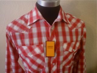 Red White Long Sleeve Plaid Pearl Snap Rockabilly Cowboy Western Shirt