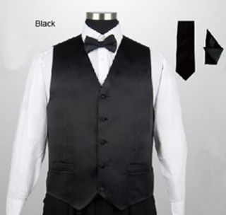 Mens Tuxedo 4 Pieces Vest Bow Tie Handkerchief and Tie Solid Black