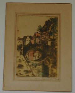 Vintage Colored Etching by Isabel Bowden European Scene