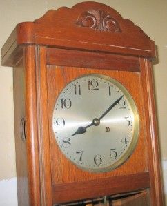 Vintage German Oak Wall Clock Leaded Glass Door