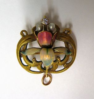 Antique 14k Yellow Gold Diamond Seed Pearl Enamel Orchid Pin Pendant