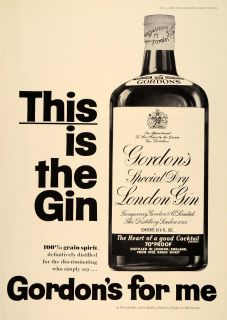 1965 Ad Gordons Dry London Gin Bottle Tanqueray Gordon   ORIGINAL