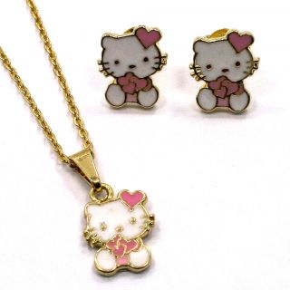  Gold 18K GF Earrings Girl Baby Pink Heart Hello Kitty Pendant Charm