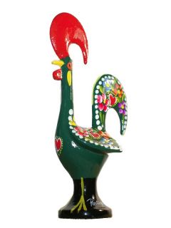 Green Good Luck Rooster  Galo Barcelos Metal Figurine Handpainted