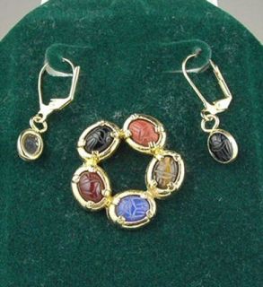 Gold Hge Gemstone Scarab Brooch Black Onyx Earring Set