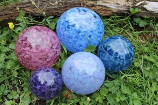 Set of 5 Hand Blown Glass Floats Gazing Garden Balls Blues, Purples