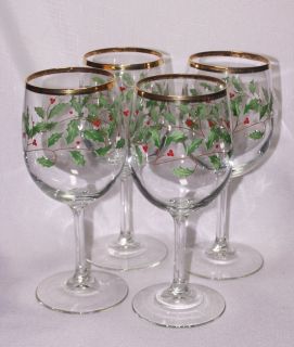 Lenox 4 Holiday Holly Berry Gold Rimmed Wine Goblets Glasses