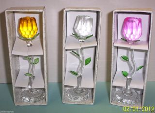 Crystal Glass Roses on Stems Pink Clear Yellow in Boxes Brand New
