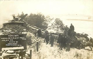 Wi Monticello Train Wreck 1913 C M St Paul Railroad Snow RPPC K47865
