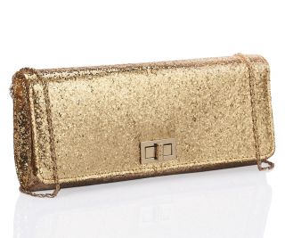 Glitter Clutch Evening Bag in Gold Pink or Black with Removable Chain