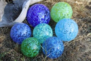 Set of 7 Hand Blown Glass Floats Gazing Garden Balls Shades of Blues
