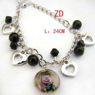 A0296 Nice Black Glass Crystal Bead Heart Link Bracelet