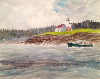Pemaquid Point Maine Coast Lighthouse Lobster Watercolor Painting by
