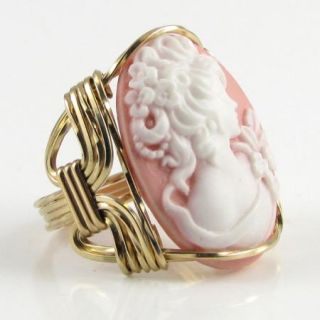 Grecian Goddess Cameo Ring 14k Rolled Gold Pink Custom Jewelry