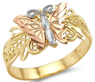 14k Tri Color Yellow White and Rose Gold Butterfly Ring