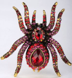 Gold Red Crystal Spider Pin Brooch Pendant 2 Matching Bracelet Ring