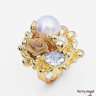 Big Crystal Pearl Rose Adjustable Cocktail Gold Ring 87