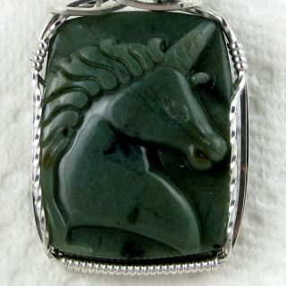 Unicorn Natural Carved Green Jade Gemstone Pendant Sterling Silver