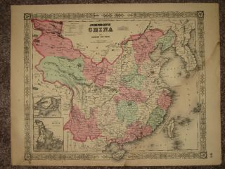1864 China Great Wall Grand Canal Map Johnson Atlas Hand Watercolored