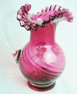 Cranberry Glass Mary Gregory Hand Blown Ruffle Pitcher Boy Fishing