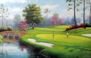 Golf Course Green Golfer Sand Traps Lake Bridge Hazard Oil on Canvas