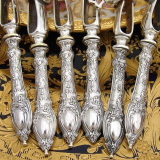  French Hallmarked Silver 12pc Manche a Gigot Set, Figural Mascarons