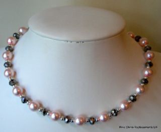 Glass Pearl and Silver Crystal Rondelle Necklace Bracelet and Earrings