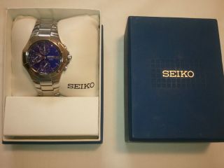 Mens Seiko Stainless Steel Chronograph 100M Watch with Navy Blue Dial