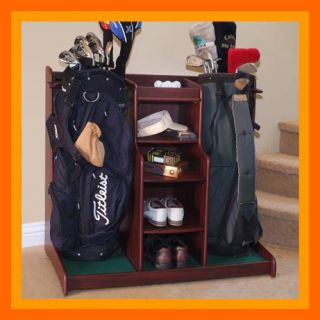 Double Golf Bag Storage Rack Accessories Shelves Mahogany Wood Finish