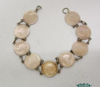  English Sterling Silver Fourpence / Groat Coin Link Bracelet Ca 1860