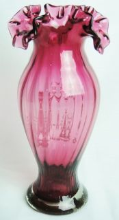 Cranberry Glass Mary Gregory Hand Blown Ruffle Tall Vase Lady Touching